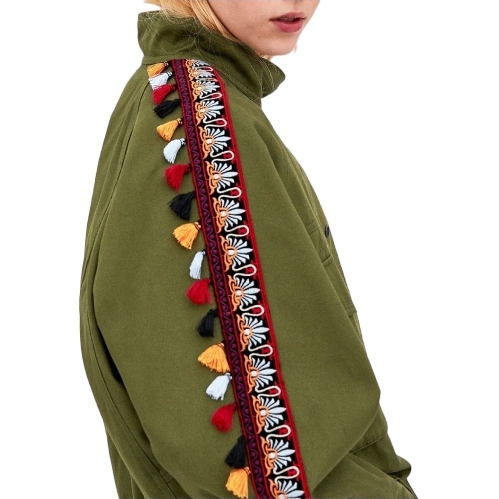 ZARA Greenish Parka w/ High Collar Colorful Trim w/ Tassels Size S/M - Picture 3 of 8